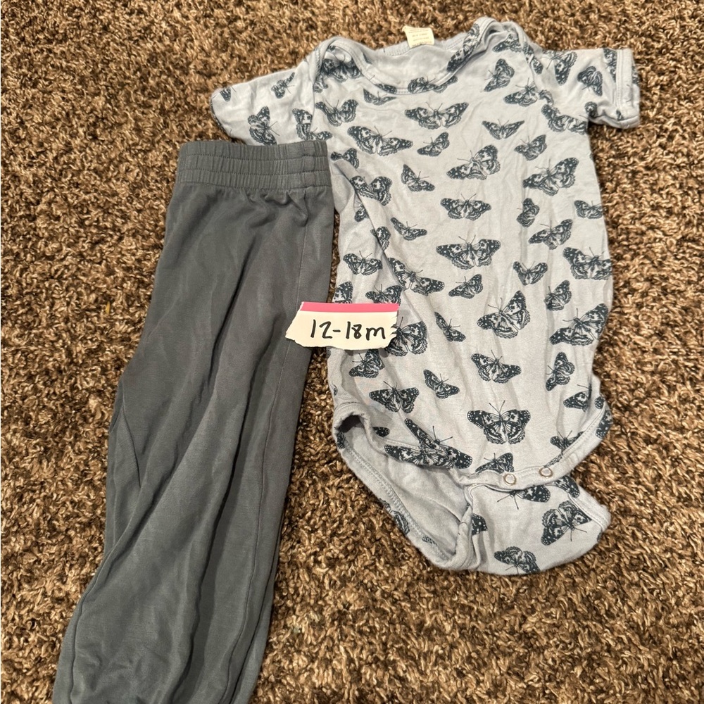 Kate Quinn Blue Butterfly Onesie and Gray Pants Set